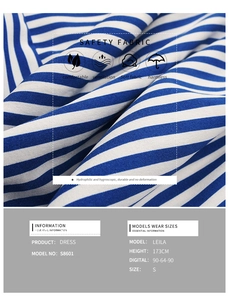 Detail der blauen Streifenstruktur des Kleides mit Größentabelle und Passformangaben