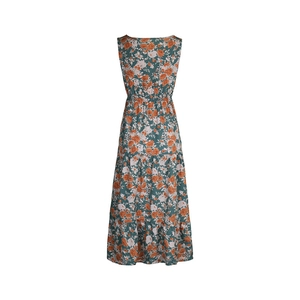 Detail view of floral sleeveless dress with tiered skirt and elastic waist design