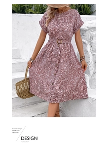 Close-up of summer floral midi dress with button-front and matching waist belt detail