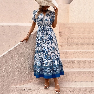 Summer A-line maxi dress with blue floral print, V-neck lace detail and drawstring waist