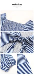 Details des blau-weiß gestreiften Kleides mit Smok-Stoff und Schleifen-Design