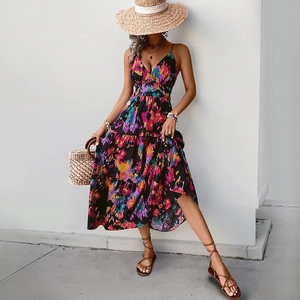 Women Bohemian Floral Print V Neck Spaghetti Strap Maxi Dress Tiered Layered Backless Bow Tie Beach Vacation Summer Long Dress