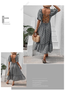 Detail view of the backless tie-up design and puff sleeves on this floral summer maxi dress