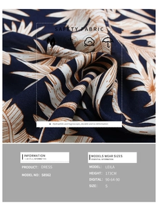 Detail showing dark blue tropical palm leaf print fabric texture and material of the dress