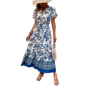 Women's V-neck floral print maxi dress with lace trim and drawstring waist for summer