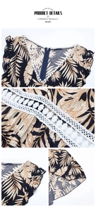 Detailed view of V-neckline and white crochet lace trim on tropical palm print dress