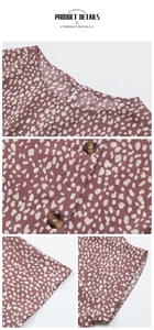 Detail view of the floral print dress featuring amber buttons and a rear collar buttonhole