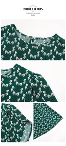 Détails de la robe plissée à fleurs vert foncé montrant le col rond et les manches bouffantes