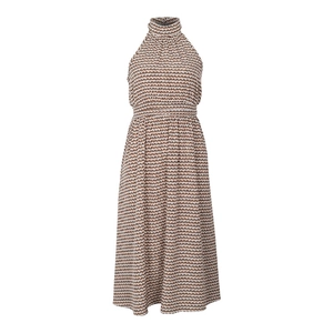 Detailed view of halter neck design and brown geometric pattern on summer maxi dress