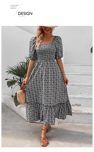 Floral puff sleeve dress featuring ruched chest detail and elegant square neckline