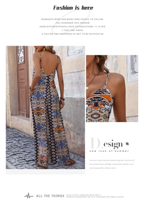 Detail of bohemian print jumpsuit featuring backless design and ethnic floral patterns