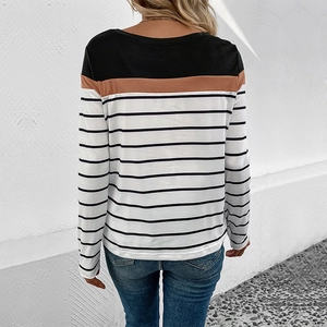 Women's crew neck long sleeve top with black, brown, and striped color block design