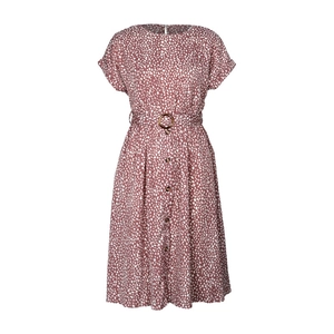 Close-up of pink floral midi dress featuring button-front detail and belted waistline