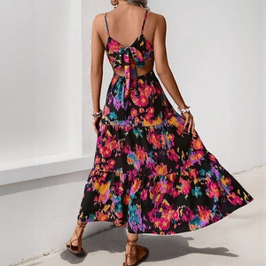 Floral print backless maxi dress with spaghetti straps and bow tie detail for summer