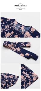 Détails de la robe fleurie bleu marine avec col rond, manches volantées et ceinture assortie