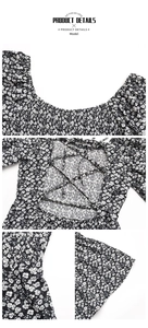 Detail view of backless floral dress showing smocking waist and lace-up back design
