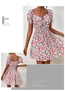Detailed views showing the floral smocked waist dress with puff sleeves and square neckline