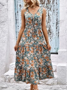 Women Sleeveless V-Neck Floral Print Tiered Maxi Dress Boho Vacation Drawstring Waist Summer Beach Party Long Dress