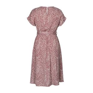 Detail view of brick red floral dress back with round neck and single button closure