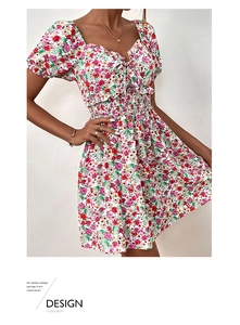 Detail of floral mini dress showing puff sleeves and elastic smocked waist design