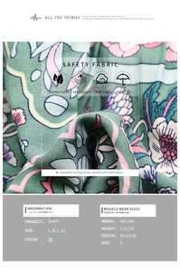 Détail du tissu de chemisier floral vert avec caractéristiques et guide des tailles