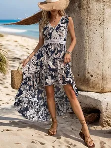 Blue tropical print sleeveless dress with lace waist and asymmetric high-low hemline