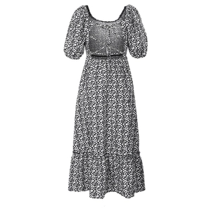 Detail view of the backless criss-cross strap design on floral puff sleeve dress