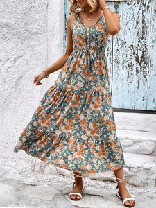 Summer sleeveless V-neck floral maxi dress with drawstring waist and tiered ruffle skirt