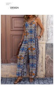 Detail view of ethnic print bohemian summer jumpsuit with V-neck and wide leg design
