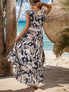 Tropical blue V-back maxi dress with beige palm leaf print and crochet lace waist
