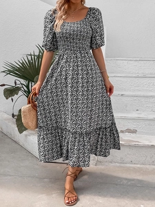 Women Floral Backless Maxi Dress Puff Sleeve Square Neck Smocked Tiered Vacation Beach Party Long Dress