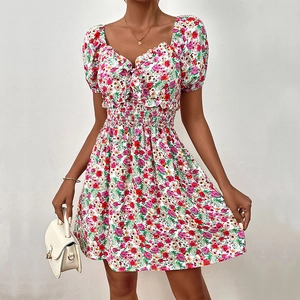 Women Summer Floral Mini Dress Puff Short Sleeve V-Neck Smocked Waist Rose Red Sweet French Style A-Line Sundress