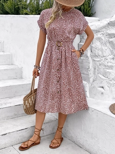 Elegant caramel floral print midi dress with batwing sleeves and round neck for summer