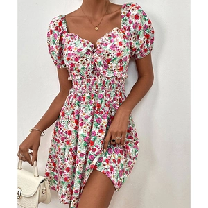 Floral puff sleeve mini dress with smocked waist and square neck for summer