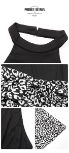 Detailed view of halter neck dress with leopard print bow and ribbed black fabric