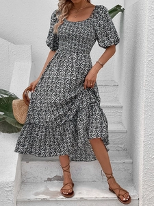 Floral puff sleeve midi dress with square neck and smocked bodice for summer