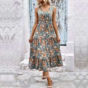 Sleeveless floral V-neck maxi dress with drawstring waist and layered ruffle hem