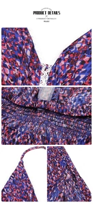 Détails de robe à fleurs avec décolleté en dentelle blanche, taille smockée et fente haute