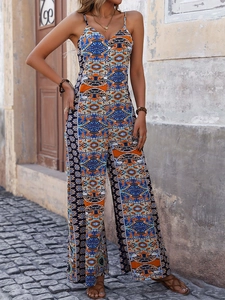 Bohemian V-neck wide leg jumpsuit with ethnic print and delicate spaghetti straps