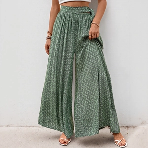 Pantalon Large Taille Haute Femme Bohème Imprimé Géométrique Lacet Vacances Plage Été Décontracté Pantalon Long