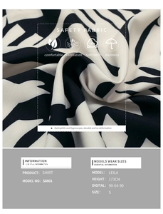 Detail of soft breathable fabric with black and white geometric pattern on women shirt