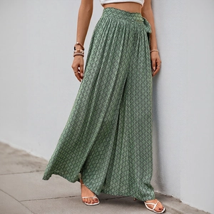 Pantalon large à taille haute pour femme avec imprimé géométrique vert et nœud