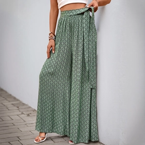 Pantalon large pour femme à taille haute vert avec imprimé floral et cordon pour les vacances