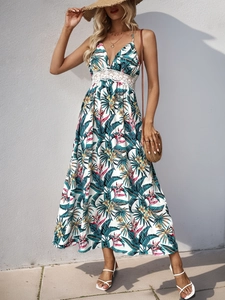 Women summer tropical floral maxi dress with lace splice and deep V-neckline