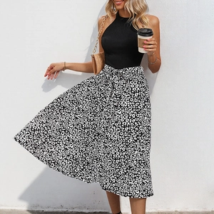 Summer sleeveless halter top and leopard print A-line midi skirt two-piece outfit