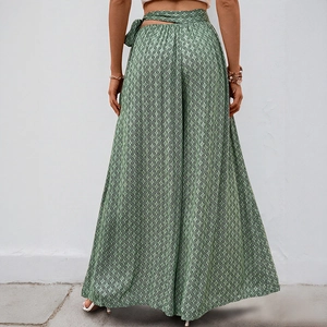Pantalon large à taille haute pour femme avec imprimé géométrique vert et lien noué