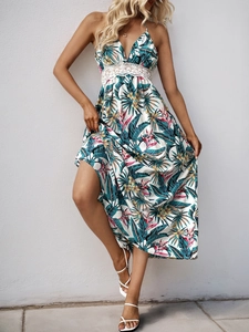 Summer tropical floral slip dress with deep V-neck, lace patchwork, and side slit detail