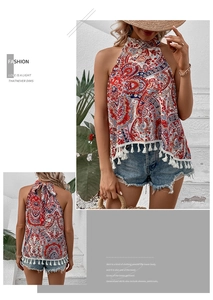 Détails du haut licou bohème à motif paisley avec ourlet à franges et dos nu avec lacets