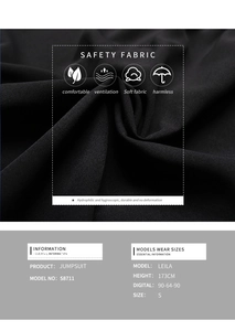 Detail view of black jumpsuit fabric texture and size chart with model specifications