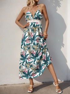 Summer halter neck maxi dress with tropical floral print and lace patchwork details